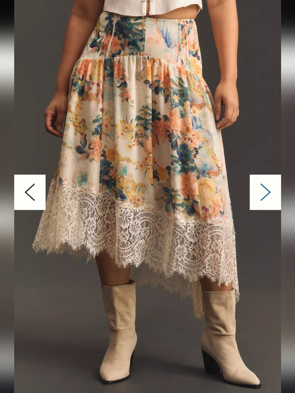 Anthropologie Asymmetrical Lace A Line Cream Floral Lace-Trim High-Low Skirt LP